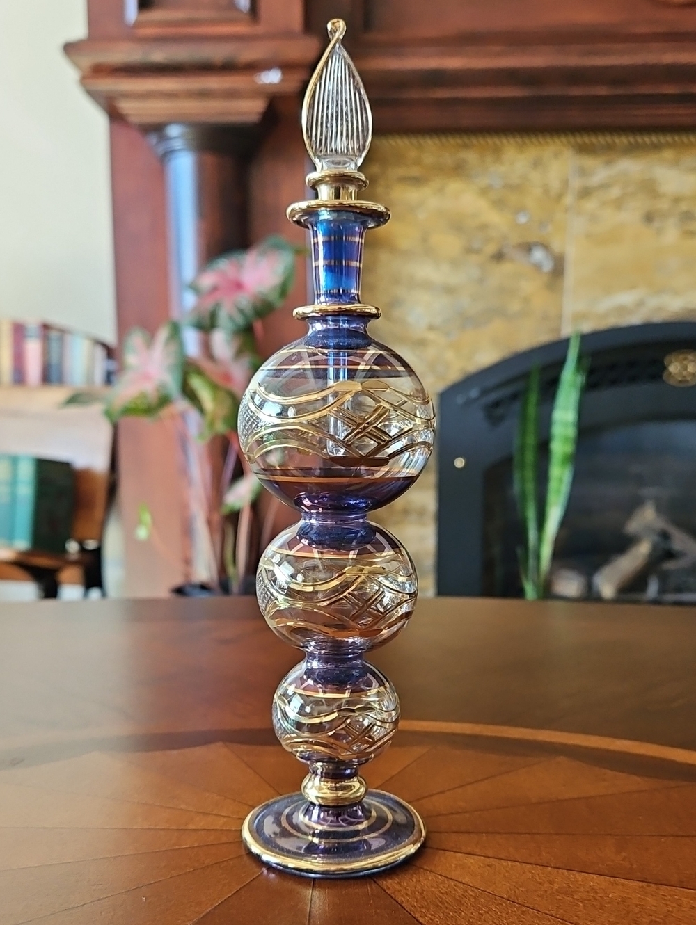 Egyptian Hand Blown Glass Perfume Bottle Purple Iridescent 24K Gold